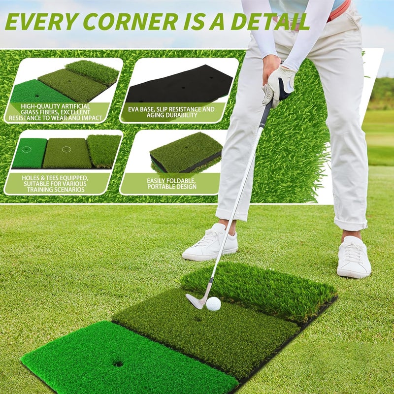 jkwokback 3-in-1 Golf Hitting Mat | Turf Golf Practice Mat for Swing, Putting & Chipping | Portable Golf Mats Practice Indoor/Outdoor Golf Hitting Mat with 8 Tees Golf Training Mat - Image 5